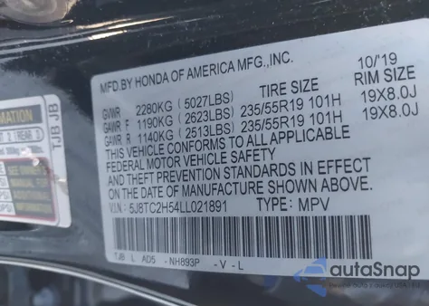 2020 Acura Rdx Technology Package z USA, uszkodzony, nr VIN 5J8TC2H54LL021891